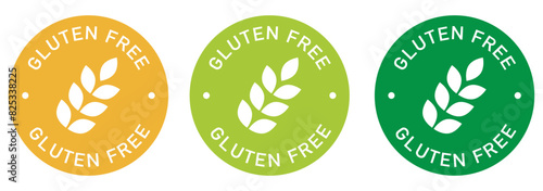 Gluten free label vector design for packaging. No gluten icon. Food allergens free product color sticker. Illustration, logo, symbol, sign, stamp, tag, emblem, mark or seal for package.