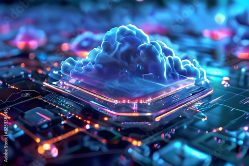 close-up on the essential elements of a hybrid cloud system, showcasing the elegance and intricacy of the technology while paying homage to editorial and documentary photography photo