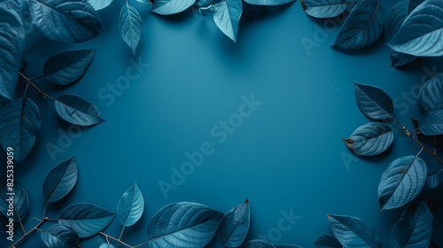 Folhas azuis emolduram um fundo azul com espaço de cópia photo