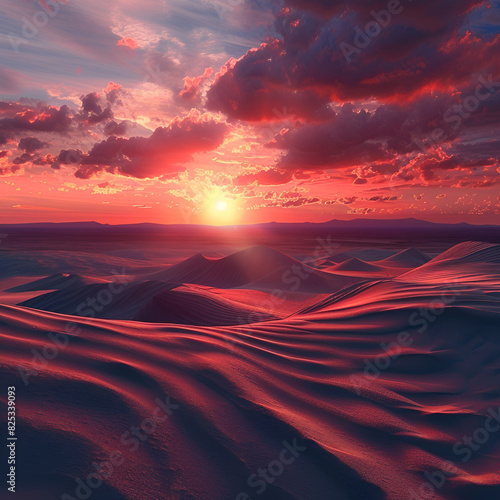 Desert with undulating dunes under a sunset-red sky