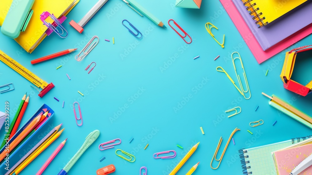 Vibrant back to school background with colorful pencils, books, and stationery arranged in a creative composition, school, education, creativity, stationer Vibrant back to school background with colorful pencils, books, and stationery arranged in a creative composition, school, education, creativity, stationer