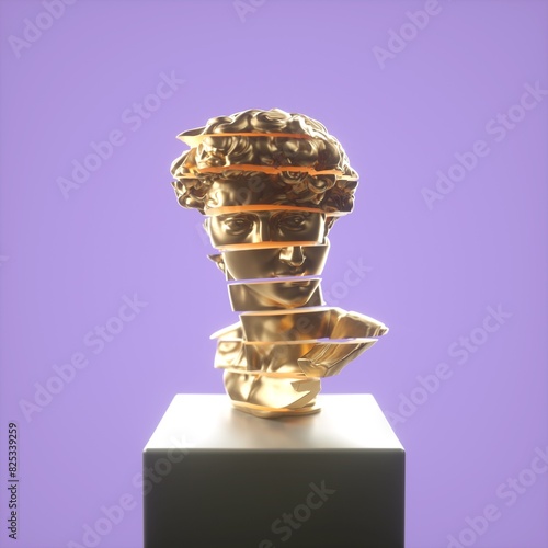 3D Sliced Roman Golden Sculpture Bust , Vaporwave Retrowave Style. photo