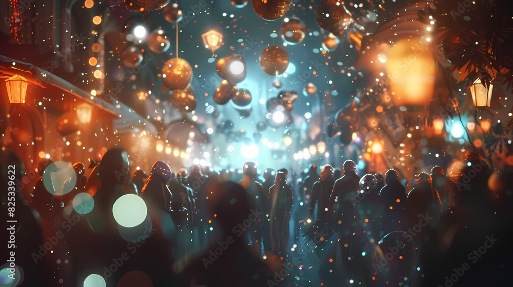 A lively scene of a bustling alien street party, with a defocused backdrop of twinkling particles A lively scene of a bustling alien street party, with a defocused backdrop of twinkling particles