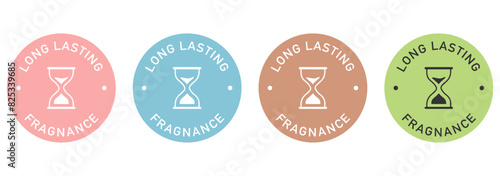 Long lasting fragnancy label vector design for packaging. Perfume icon. Illustration, logo, symbol, sign, stamp, tag, emblem, mark or seal for package. photo