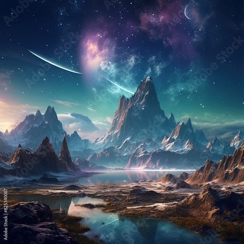 Beautiful scenery in a fantasy world with a galaxy sky view. Beautiful scenery background.
