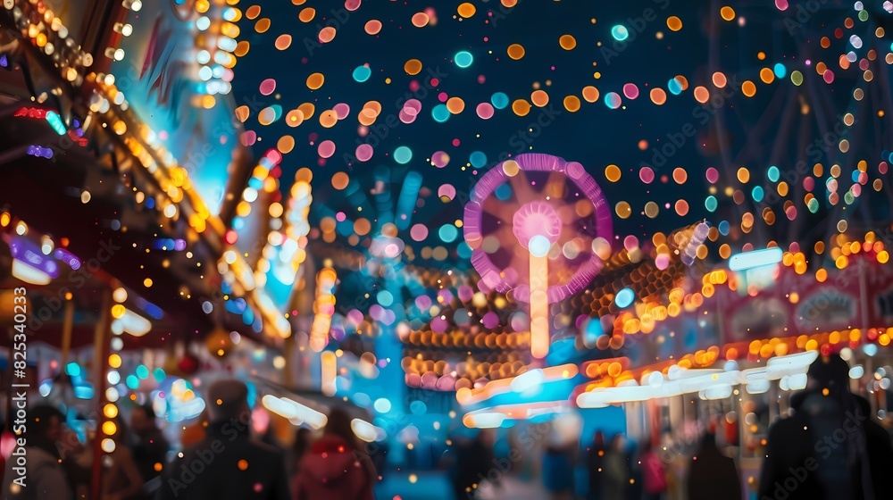 A lively scene of a carnival, with a defocused backdrop of twinkling particles A lively scene of a carnival, with a defocused backdrop of twinkling particles