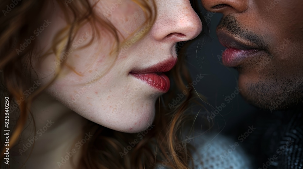 Closeup of a person whispering, lips close to ear, soft focus, intimate moment, high resolution, rare view, human interaction, stock photo