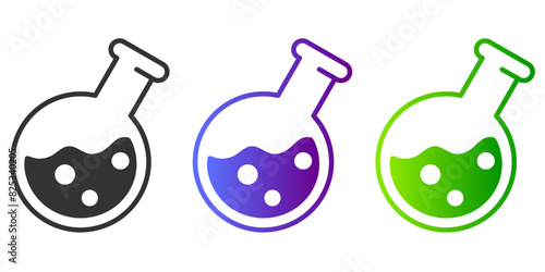 Potion icon set. Color flask vector sign. Poison symbol. Glass with liquid chemical pictogram. Violet and green magic drink illustration.
