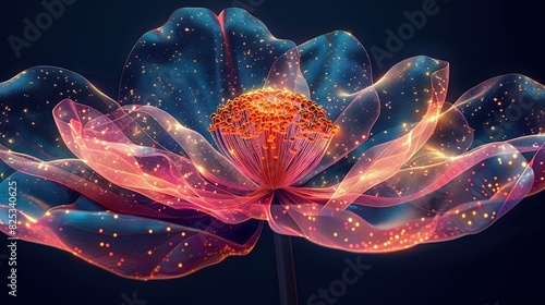   A zoomed-in image of a bicolor flower with petals showcasing shades of blue and pink against a dark backdrop photo