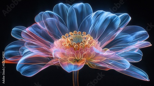  A close-up of a blue-pink flower against a dark background with a blurred center image