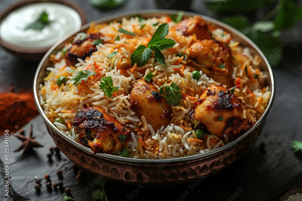 A bowl of rice and chicken with green herbs on top A bowl of rice and chicken with green herbs on top