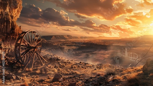 Rusty Wheel In An Abandoned Desert Landscape For Sci-fi Or Fantasy Themed Designs photo