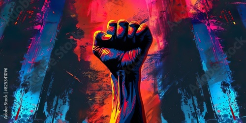 a banner design of hands raised in defiance, symbolizing the spirit of revolution and resistance,  revolution hand concept.
 photo