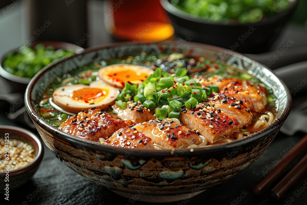 A bowl of ramen with meat and vegetables A bowl of ramen with meat and vegetables