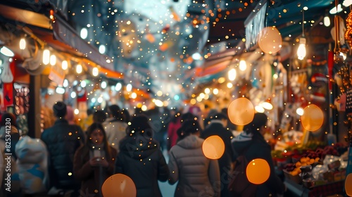 A lively scene of a crowded market, with a defocused backdrop of twinkling particles