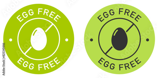 Egg free label vector design for packaging. No eggs icon. Food allergens free product color sticker. Illustration, logo, symbol, sign, stamp, tag, emblem, mark or seal for package.