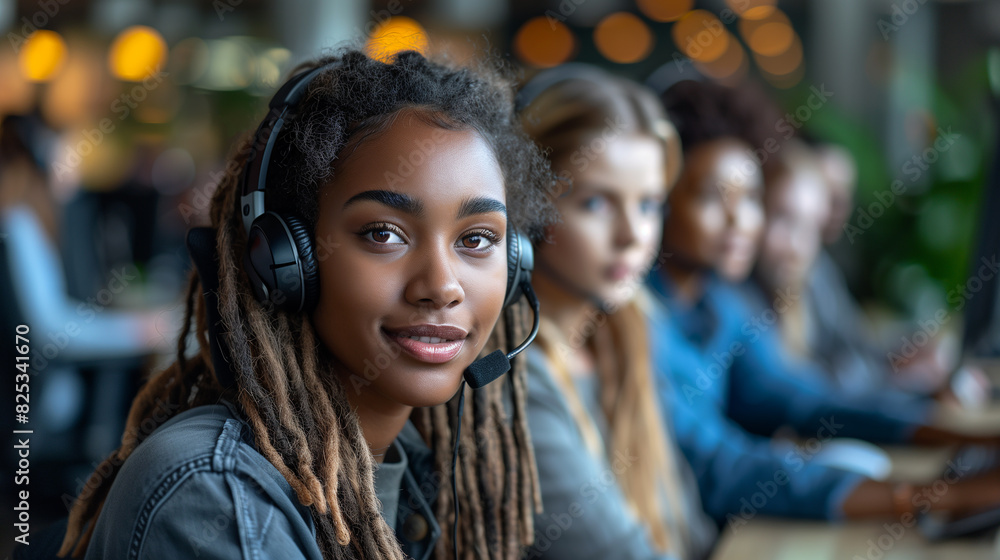 Group of call center workers wearing a headset. Group of call center workers wearing a headset.