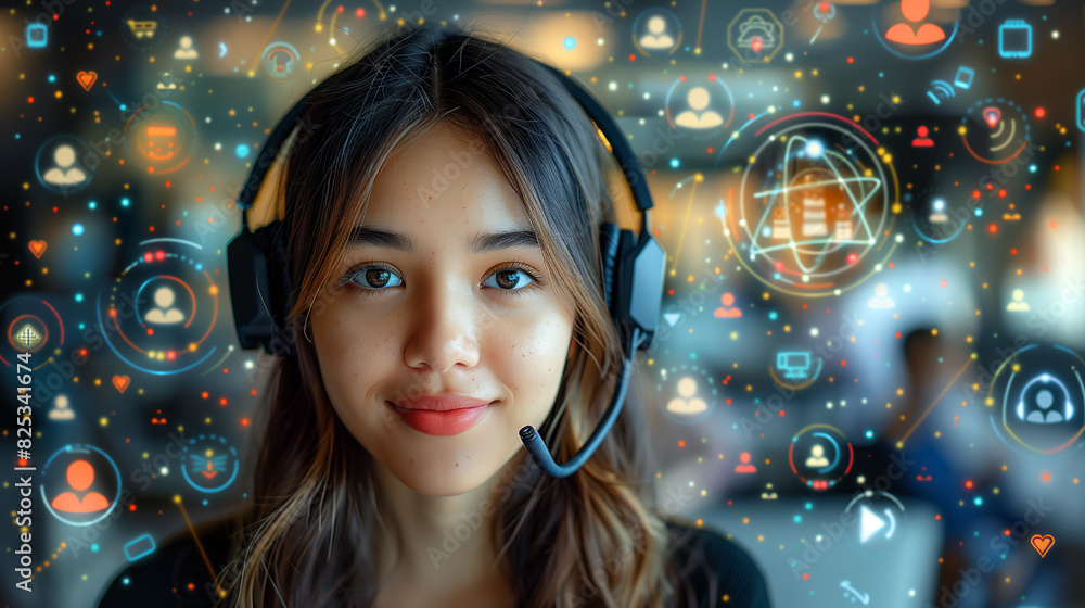 Portrait of a young woman wearing a phone headset surrounded by digital icons. Concept of costumer service call center and problem solving. Portrait of a young woman wearing a phone headset surrounded by digital icons. Concept of costumer service call center and problem solving.