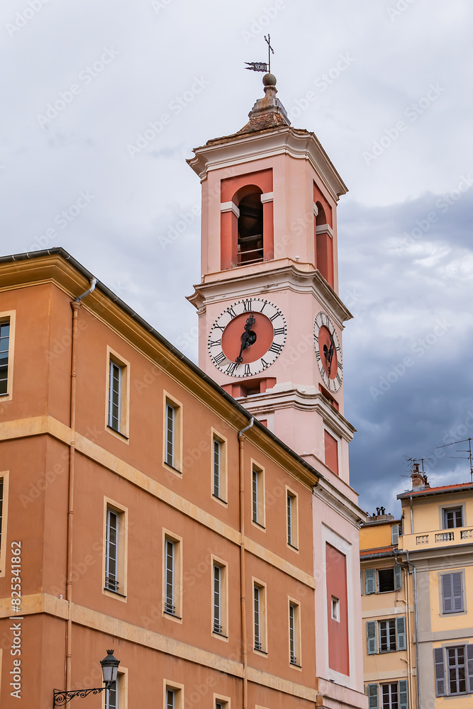 Rusca barracks (Caserne Rusca or Palais Rusca) was built in 1775 to house garrison of the city, today it is Court of Instance in Nice. Next is Clock Tower (Tour de l'Horloge, 1718). Nice, France. Rusca barracks (Caserne Rusca or Palais Rusca) was built in 1775 to house garrison of the city, today it is Court of Instance in Nice. Next is Clock Tower (Tour de l'Horloge, 1718). Nice, France.
