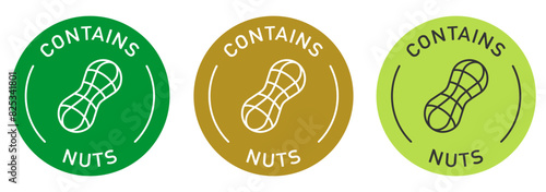 Contain nuts label vector design for packaging. Food allergens free product color sticker. Illustration, logo, symbol, sign, stamp, tag, emblem, mark or seal for package.