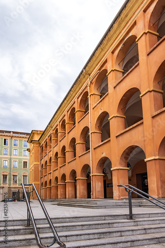 Rusca barracks (Caserne Rusca or Palais Rusca) was built in 1775 to house garrison of the city, today it is Court of Instance in Nice. Next is Clock Tower (Tour de l'Horloge, 1718). Nice, France. photo