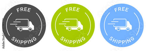 Free shipping label vector design for packaging. Delivery color sticker. Illustration, logo, symbol, sign, stamp, tag, emblem, mark or seal for package.