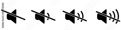 No sound black icon. Off volume sign. Audio symbol. Mute loud design object. Music interface illustration.