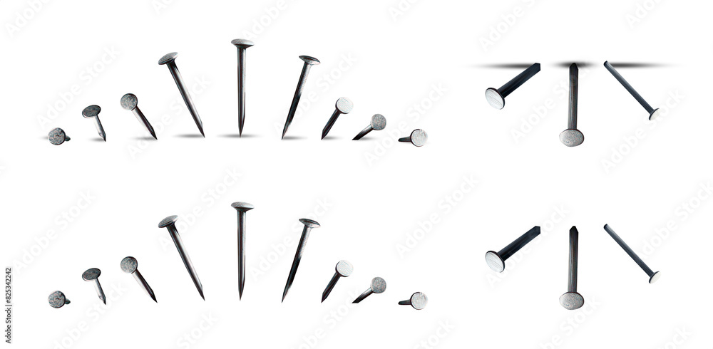isolated set of nails hammered into a surface. transparent PNG. with and without drop shadow. In various angles and perspectives. isolated set of nails hammered into a surface. transparent PNG. with and without drop shadow. In various angles and perspectives.