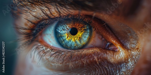 Closeup of a person s eye, intense gaze, intricate iris details, high resolution, natural light, rare view, human emotion, stock photo photo