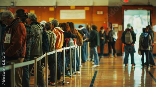 A line of people waiting to vote in a school gym