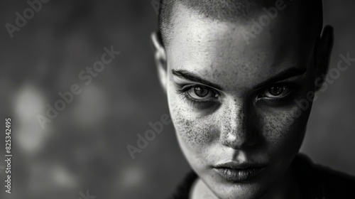 striking portrait of beautiful young woman with shaved head intense gaze high contrast black and white photography photo