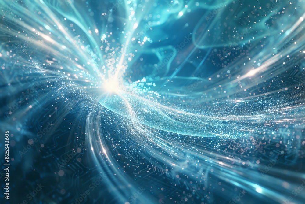 Glowing quantum computing core with intricate data streams and abstract patterns in Sky Blue, Cerulean Blue, Pure White, Silver, and Ash Gray. Glowing quantum computing core with intricate data streams and abstract patterns in Sky Blue, Cerulean Blue, Pure White, Silver, and Ash Gray.