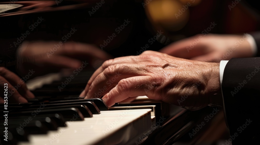 Fototapeta premium Close-up of the male hands of a man playing the piano and pressing the keys. Musical instrument.