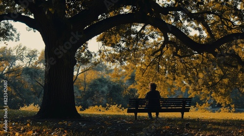Silhouette of a man sitting on a bench under a big tree in an autumn park