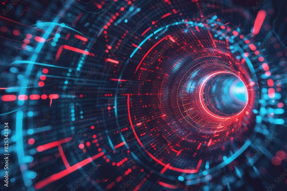 Obraz premium Vibrant quantum computing core pulsating with energy, emitting intricate data streams in abstract algorithmic patterns, in Dark Blue and Red theme.