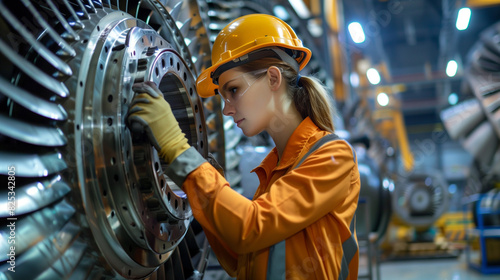 Female engineer examining machinery in a factory. photo