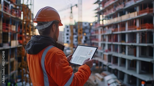 A construction worker wearing a hard hat and safety vest uses a tablet to view building plans while standing at a construction site.