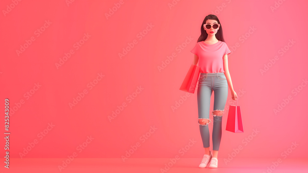 Imagen 3D de una chica joven con bolsas de la compra Imagen 3D de una chica joven con bolsas de la compra