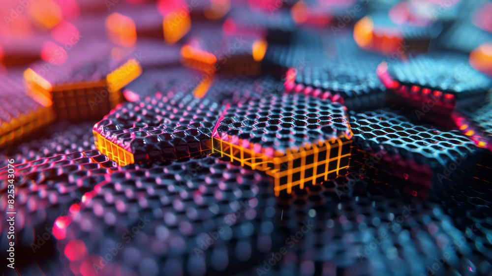 Fototapeta premium Isometric background featuring repeating hexagons and embedded molecular structures,