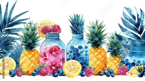   A painting featuring pineapples, blueberries, raspberries, lemons, and other tropical fruits photo