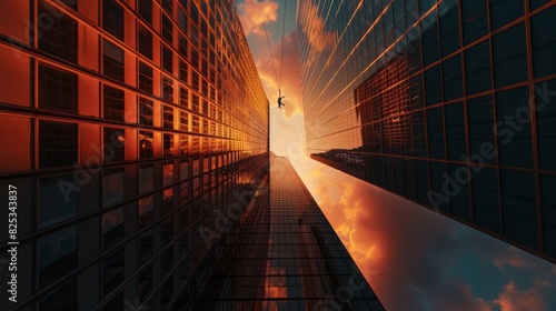 Silhouette of a person on a rope between skyscrapers photo