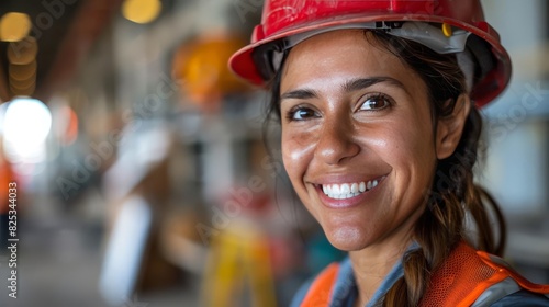 Female hispanic lady woman engineer smiling at construction site photo