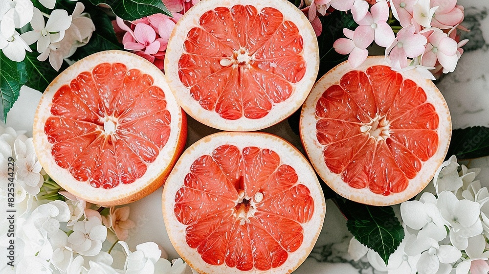 A set of halved grapefruits displayed on a white marble slab amidst white flowers and green foliage A set of halved grapefruits displayed on a white marble slab amidst white flowers and green foliage