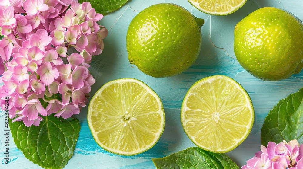 A collection of limes adorned with foliage and blossoms against a backdrop of blue and pink wooden grain, accompanied by a delicate pink hydrangea A collection of limes adorned with foliage and blossoms against a backdrop of blue and pink wooden grain, accompanied by a delicate pink hydrangea