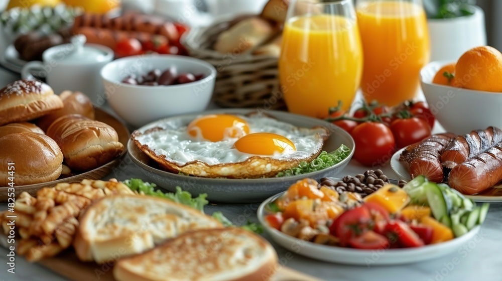 Eggs, Sausages, Breads, Fruits, Orange Juice Eggs, Sausages, Breads, Fruits, Orange Juice