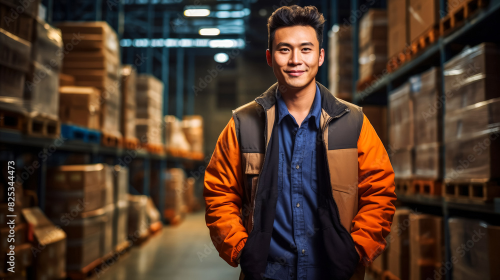 Professional loader is Chinese man in warehouse with boxes of goods on shelves. Smiling uniformed loader demonstrates his willingness and enthusiasm to do his job. Logistics and delivery. Professional loader is Chinese man in warehouse with boxes of goods on shelves. Smiling uniformed loader demonstrates his willingness and enthusiasm to do his job. Logistics and delivery.