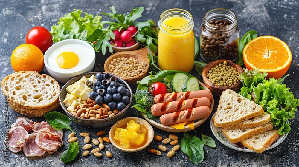 Several dishes on the table include oranges, eggs, meat, bread, and vegetables Several dishes on the table include oranges, eggs, meat, bread, and vegetables