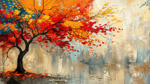   A tree's red, yellow, and blue leaves fall off in a painting photo