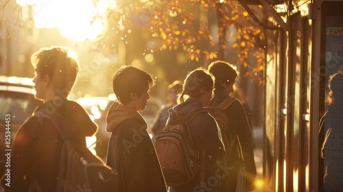 Silhouettes of young people standing at a bus stop in a warm sunset light © Yusif