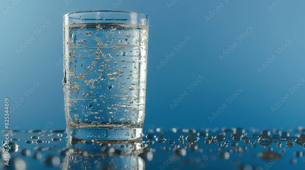 Close-up of a glass filled with water droplets on a table against a blue backdrop Close-up of a glass filled with water droplets on a table against a blue backdrop
